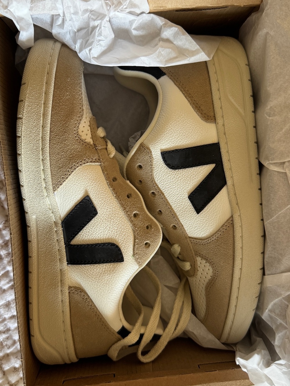 Veja Women’s Low-Top V-10 Chromefree Leather Sneaker in Cream, Tan & Black - Picture 5 of 6